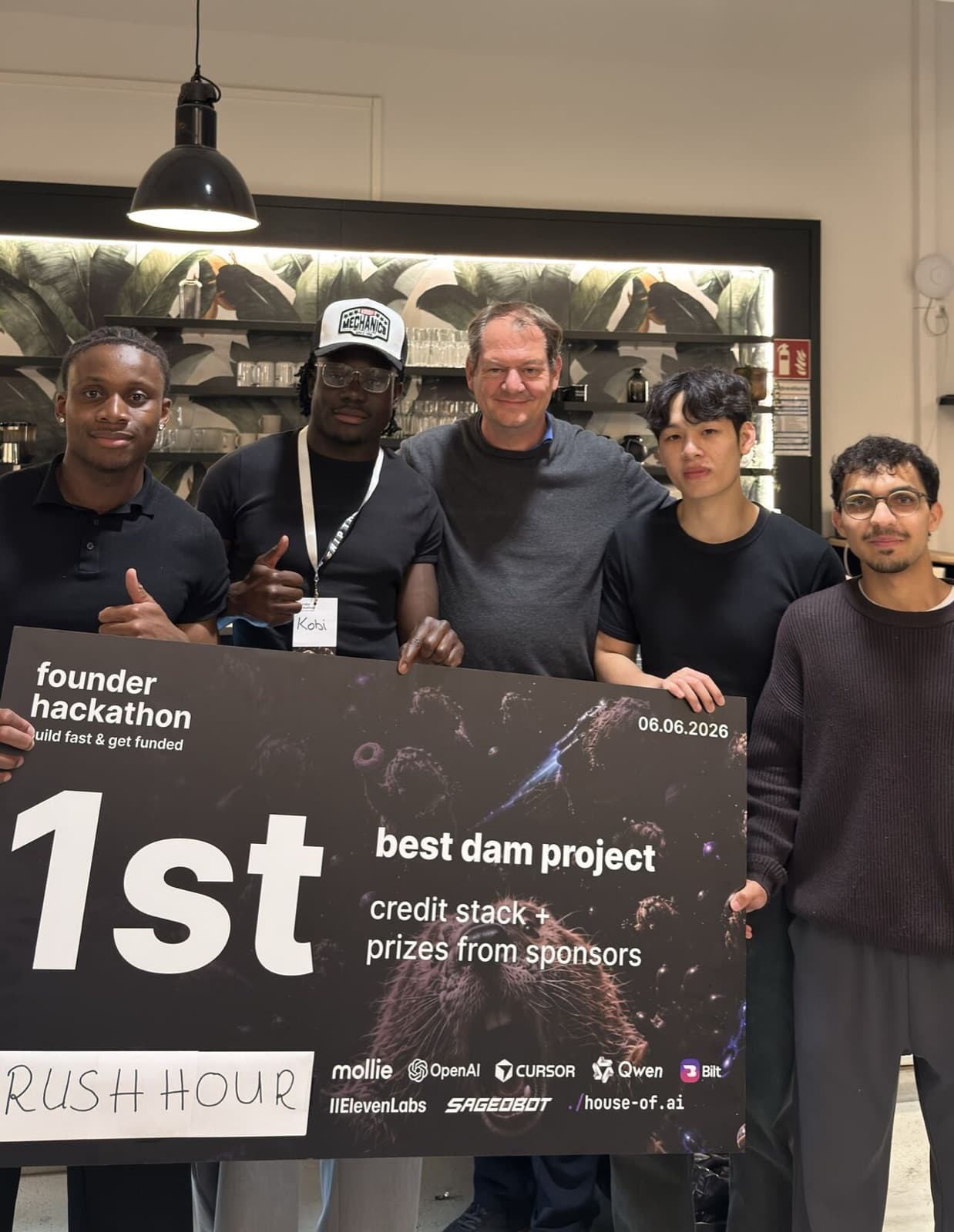 Team and organizers with the founder hackathon 1st place cheque, best dam project