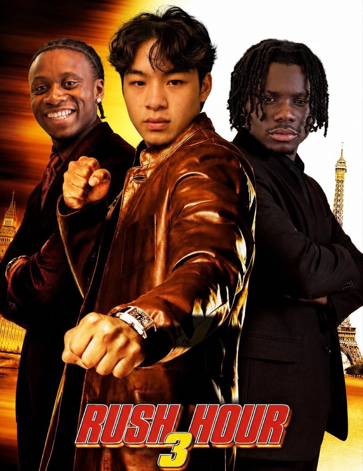 Rush Hour movie poster parody with the three team members striking action poses